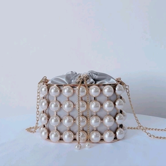 Mini Faux Pearl Decor Drawstring Design Chain Satin Box Bag - Picture 6 of 8